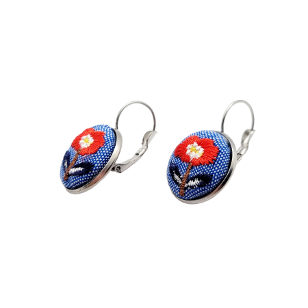 EARRINGS SILVER FABRIC FLOWER